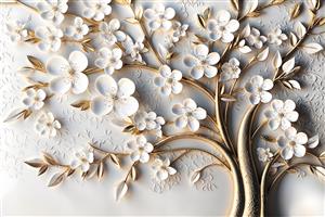 کاغذ دیواری سه بعدی شکوفه‌های سپید و شاخه‌های طلایی با بافت چرمی برای دیوار اتاق خواب و نشیمن