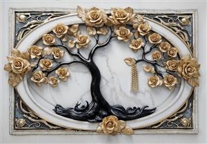 قاب دکوراتیو طرح درخت با گل‌های رز طلایی روی سنگ مرمر سفید ویژه لابی ساختمان و پشت کاناپه