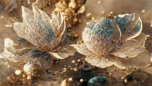 طرح لاکچری گل‌های جواهرنشان طلایی با افکت سه بعدی برجسته برای پوستر دیواری پذیرایی و اتاق مدیریت