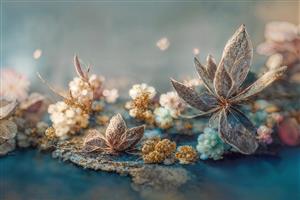 تصویر رویایی شکوفه‌های کریستالی با تم رنگی یخی و طلایی ویژه پوستر دیواری پشت تخت خواب و لابی هتل