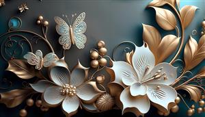 تصویر سه بعدی گل‌های سفید و برگ‌های برنزی لوکس با پروانه‌های ظریف مناسب پوستر دیواری پذیرایی و تالار