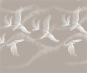 الگوی مینیمال پرندگان در حال پرواز سفید روی پس‌زمینه نسکافه‌ای برای کاغذ دیواری اتاق خواب و مهدکودک