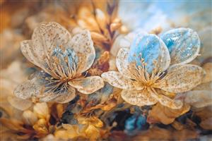 نقاشی انتزاعی شکوفه‌های بهاری با رنگ‌های گرم و طلایی ایده آل برای تابلو بوم و کاغذ دیواری نشیمن