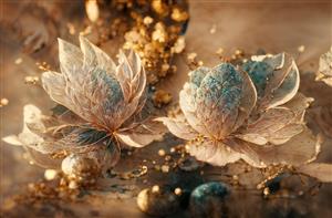 طرح لوکس گل‌های فانتزی طلایی و آبی فیروزه‌ای برای پوستر دیواری سه بعدی پذیرایی و لابی هتل