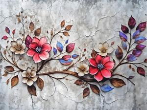 طرح پتینه و گچ‌بری مدرن با شاخه‌های گل قرمز و بنفش ویژه پوستر دیواری کلاسیک و دیوارهای دکوراتیو