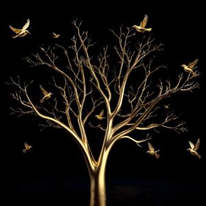 طرح درخت طلایی با پرندگان در حال پرواز در پس‌زمینه مشکی برای پوستر دیواری لوکس پذیرایی و پشت تخت