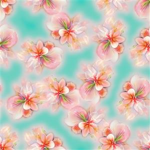 الگوی بدون درز (Seamless) گل‌های نارنجی و صورتی در پس‌زمینه فیروزه‌ای ویژه کاغذ دیواری و پارچه کوسن