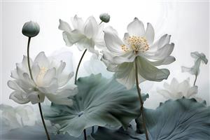 طرح نقاشی نیلوفر آبی سفید (لوتوس) با برگ‌های سبز دودی برای پوستر دیواری آرامش‌بخش اتاق خواب و اسپا