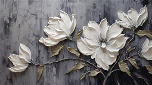 نقاشی رنگ روغن گل‌های سفید مگنولیا با بافت برجسته روی پس‌زمینه طوسی برای دکوراسیون مدرن و مینیمال