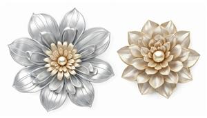 گل‌های دکوراتیو متالیک نقره‌ای و بژ با مرکز مرواریدی برای پوستر دیواری سه بعدی تالارها و اتاق خواب لوکس