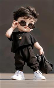 کاراکتر سه بعدی کودک با استایل هیپ هاپ مشکی و عینک دودی برای پوستر دیواری اتاق کودک پسرانه و فروشگاه سیسمونی