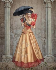استایل کلاسیک ویکتوریایی زن با لباس طلایی و چتر سیاه مناسب پوستر دیواری لوکس عمارت‌ها و آتلیه‌های عکاسی تاریخی
