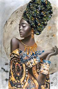 نقاشی مدرن زن آفریقایی با سربند سنتی و اکسسوری‌های طلایی مناسب پوستر دیواری هنری و سالن‌های زیبایی و گالری‌های هنری