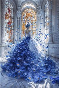 پوستر دیواری فانتزی طرح ملکه با دامن بلند از پر طاووس آبی در تالار شیشه‌ای مناسب دکوراسیون لوکس مزون عروس و آرایشگاه زنانه