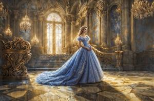 پوستر سه بعدی طرح سیندرلا در قصر رویایی با نورپردازی طلایی مناسب اتاق خواب دخترانه و مهدکودک برای چاپ روی روتختی و پرده