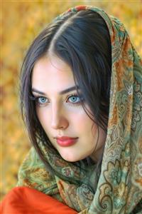 پرتره زیبای دختر با شال سنتی طرح اسلیمی و چشمان رنگی ویژه چاپ پوستر دیواری، جلد دفتر و تابلوهای دکوراتیو اتاق خواب مستر