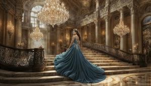 تصویر باکیفیت قصر کلاسیک و مجلل با لوسترهای کریستالی و لباس پرنسسی آبی برای پوستر دیواری پذیرایی و تالار مجلل پشت میز مدیریت