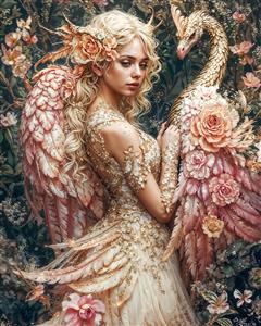 تصویر فانتزی بانو و ققنوس طلایی در میان گل‌ها مناسب پوستر دیواری اتاق مدیتیشن و فضاهای آرامش‌بخش