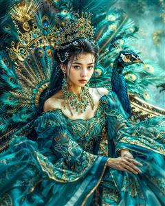 تصویر ملکه شرقی با تاج و لباس پر طاووس فیروزه‌ای ایده لوکس برای پوستر دیواری مزون عروس و سالن تشریفات