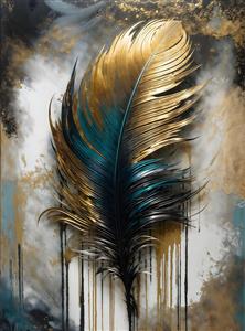 پوستر دیواری تک پر بزرگ طلایی و سبز یشمی با بافت برجسته برای دکوراسیون پشت مبلمان و فضاهای اداری خاص