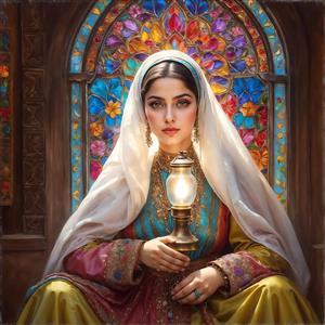 تصویر هنری بانو با چراغ لاله سنتی و پنجره ارسی رنگارنگ مناسب پوستر دیواری رستوران سنتی و کافه کتاب