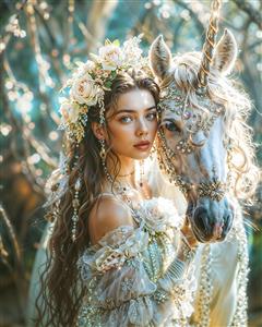 پوستر دیواری فانتزی دختر و اسب تک‌شاخ در میان باغ گل برای اتاق کودک، مهدکودک و دکوراسیون فضاهای رویایی