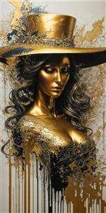 نقاشی انتزاعی چهره زن طلایی با بافت رنگ‌های پاشیده شده برای پوستر دیواری عمودی در راهرو و ورودی ساختمان