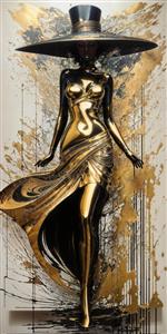 پوستر سه بعدی مدرن فیگور زن سیاه و طلایی با کلاه لبه‌دار بزرگ ویژه دکوراسیون مزون، بوتیک و آرایشگاه‌های زنانه