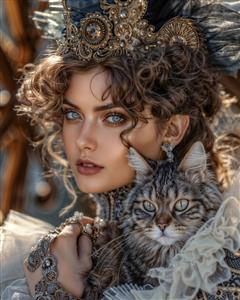 تصویر باکیفیت پرتره ملکه و گربه اشرافی با تاج جواهری برای چاپ روی کوسن، دفترچه و قاب عکس تزئینی اتاق خواب
