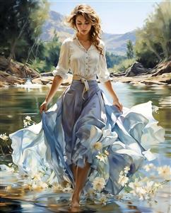 طرح هنری پیاده‌روی زن در میان رودخانه با گل‌های نیلوفر سفید ایده تابلو دیواری و پوستر برای اتاق مدیتیشن و پذیرایی