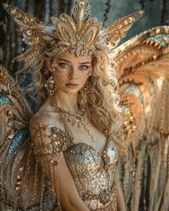 پوستر دیواری لوکس فرشته با بال‌های طلایی و جواهرات درخشان مناسب برای دکوراسیون تالار پذیرایی و اتاق خواب مستر