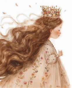 تصویر فانتزی ملکه کوچک با موهای بلند و تاج گل مناسب پوستر دیواری اتاق کودک، مهدکودک و چاپ روی جلد دفترچه و وسایل مدرسه