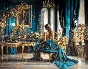 تصویر زن در کاخ اشرافی با لباس آبی مجلل جهت پوستر دیواری عمارت‌های لوکس، تالارهای پذیرایی و اتاق خواب‌های به سبک کلاسیک
