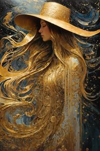 نقاشی فانتزی زن با کلاه لبه‌دار و موهای بلند طلایی در میان ذرات درخشان ویژه چاپ روی پرده پانچی، روتختی و تابلوهای دکوراتیو