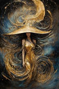 طرح فانتزی جادوگر طلایی در میان گردباد ستاره‌ای جهت پوستر دیواری اتاق نوجوان، گیم‌نت و فضاهای مدرن و خلاقانه