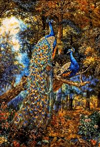 نقاشی کلاسیک دو طاووس زیبا در جنگل پاییزی برای پوستر دیواری سه بعدی، تابلو فرش و دیوارپوش‌های تزئینی ویلا و رستوران