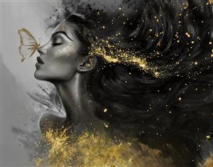 تصویر سیاه و سفید پروفایل زن و پروانه با جزئیات اکلیل طلایی برای پوستر دیواری آرایشگاه زنانه و دکور سالن زیبایی و اتاق مستر