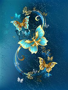 طرح گرافیکی پروانه‌های فانتزی آبی و طلایی لوکس مناسب پوستر دیواری سه بعدی پذیرایی و لابی هتل یا چاپ روی پرده و روتختی