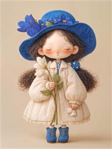 عروسک دختر مو فرفری با کلاه آبی و گل سفید برای پوستر دیواری اتاق کودک و نوزاد و جلد دفتر