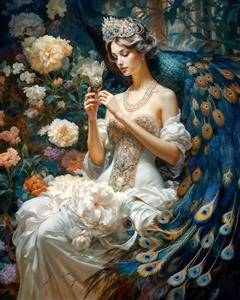 طرح مینیاتوری ملکه و طاووس در میان گل‌های صد تومانی برای پوستر دیواری کلاسیک و تابلو فرش لوکس