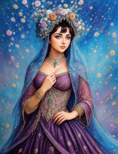 نقاشی دختر قاجاری با لباس بنفش و تاج گل ویژه پوستر دیواری سنتی و چاپ روی کوسن و رومیزی