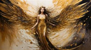طرح فرشته نگهبان با بال‌های بزرگ مسی و طلایی برای پوستر دیواری لابی مجتمع‌های مسکونی و هتل