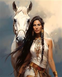 تصویر زیبا از دختر طبیعت و اسب سفید در مه برای پوستر دیواری اتاق جوان، سالن‌های ورزشی و باشگاه سوارکاری