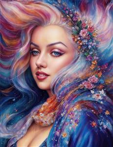 چهره دختر رویایی در میان گل‌ها و رنگ‌های شاد ویژه پوستر دیواری اتاق دخترانه و چاپ روی دفترچه و کوسن