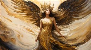 طرح لوکس فرشته بالدار طلایی با تاج خورشید برای پوستر دیواری پشت تخت خواب و تابلوهای دکوراتیو تالار پذیرایی