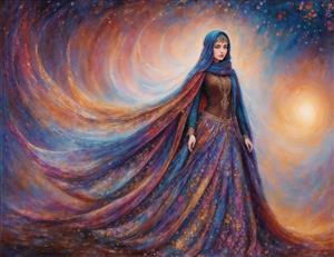 پوستر دیواری هنری بانو با لباس بلند کهکشانی و شنل رنگارنگ ایده آل برای دکوراسیون سالن پذیرایی و اتاق خواب بانوان