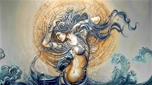 تصویر فانتزی الهه دریا و امواج خروشان با جزئیات نقره‌ای مناسب کاغذ دیواری استخر، سالن اسپا و حمام‌های لوکس