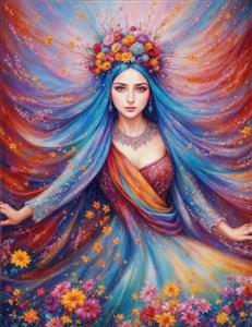 پوستر دیواری فانتزی بانو با موهای رنگین‌کمانی و دشت گل برای ایجاد فضایی شاد در اتاق کودک، مهدکودک و سالن‌های یوگا