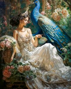 تابلو دکوراتیو بانو در کنار طاووس باشکوه و گل‌های رز مناسب برای لابی ویلا، سالن‌های زیبایی لوکس و چاپ روی بوم آتلیه