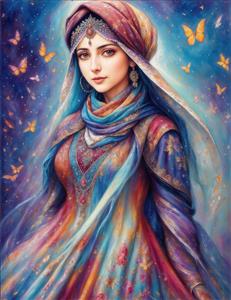 تصویر هنری بانو با پوشش سنتی رنگارنگ و پروانه‌های معلق ایده‌آل برای پوستر دیواری کافه سنتی، اتاق نشیمن و چاپ روی شال